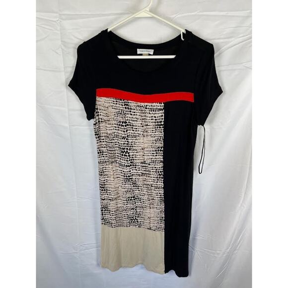Calvin Klein Black Red White Pattern Block Soft Short Sleeve T-Shirt Dress - Picture 6 of 6